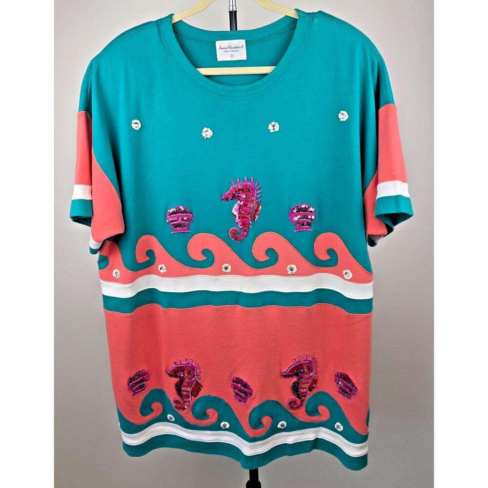 VTG MARISA CHRISTINA Coastal Teal Salmon Pink Beaded Seahorse Embellished Top 2X